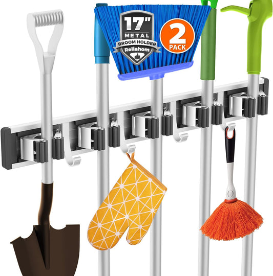 Reliahom Broom Holder Wall Mount - 2 Pack with 5 Racks & 4 Hooks | Black Tool Organizer for Garage, Kitchen, Garden, Laundry Room