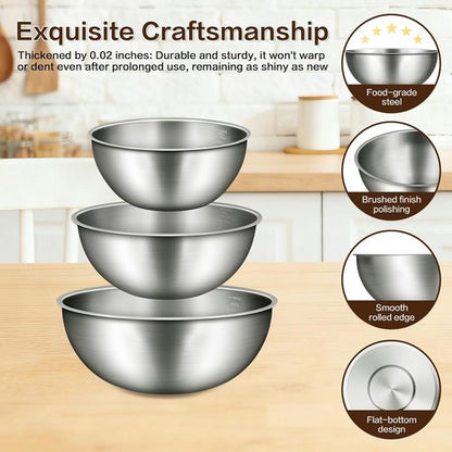Gronivex Stainless Steel Mixing Bowls Set - Food Grade 304, Dishwasher Safe, Stackable | 3 Pack (1.45, 2.22, 3.38 Qt)