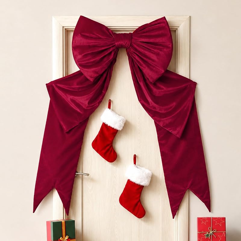 Dark Red 75x23 Inch Giant Velvet Christmas Bow - Plush 3D Ribbon