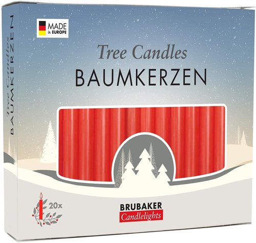 BRUBAKER Tree Candles - Red Pyramid Candles - Pack of 20 - 3¾ x ½ Inches - Made in Europe