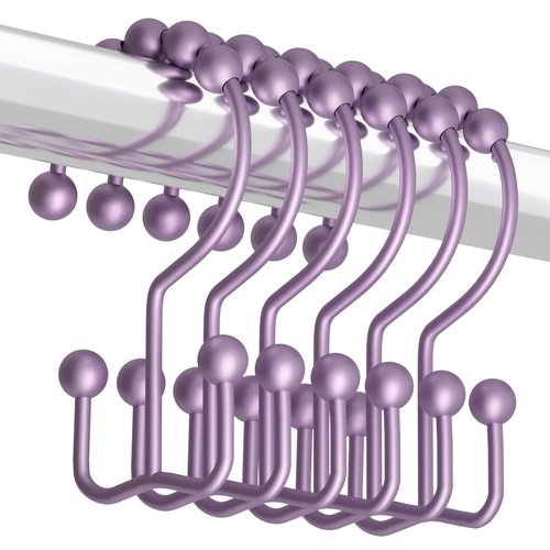 Titanker Shower Curtain Hooks Rings, Rust-Resistant Metal Double Glide Shower Hooks for Bathroom Shower Rods Curtains, Set of 12 Hooks - Greyish-Purple