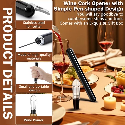 Air Pressure Wine Bottle Opener and Wine Pourer - NUCOKRS Special Pen Shape Design Corkscrew with Foil Cutter 3-7 Times to Open