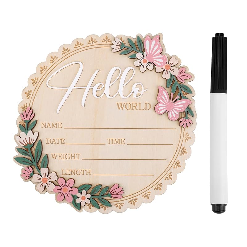 Wooden Newborn Announcement Sign with Pen - Hello World Nursery Keepsake 15x15cm