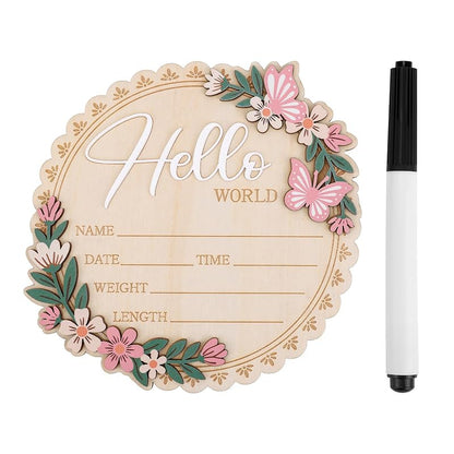 Wooden Newborn Announcement Sign with Pen - Hello World Nursery Keepsake 15x15cm