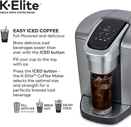 Keurig C K-Elite Single Serve K-Cup Pod Brewer - Iced Coffee Capability & 75oz Brushed Silver Filter Bundle