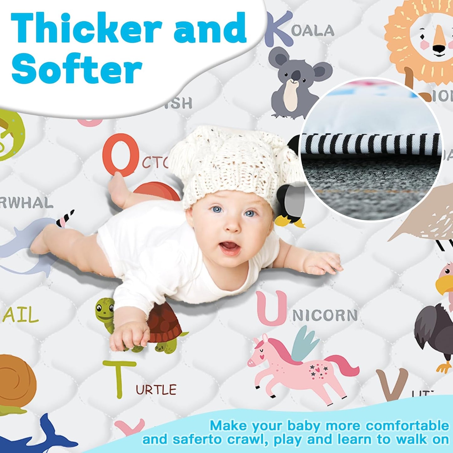 Skiennix Baby Play Mat - Thick Soft Non-Slip Crawling Mat | 50" x 50" Machine Washable for Infants & Toddlers (Animal Alphabet-A)