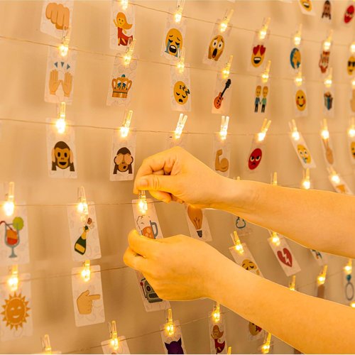 HXWEIYE 50LED Photo String Lights - Warm White 16.4Ft Battery-Powered Fairy Lights with Clips & Hooks for Pictures