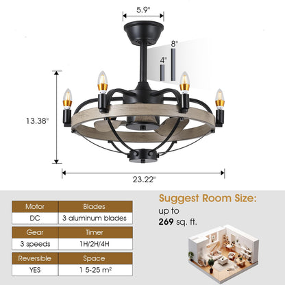 MADSHNE 23" Chandelier Ceiling Fans with Lights and Remote, Bladeless Rustic Ceiling Fans,Caged Ceiling Fans for Living Room Farmhouse