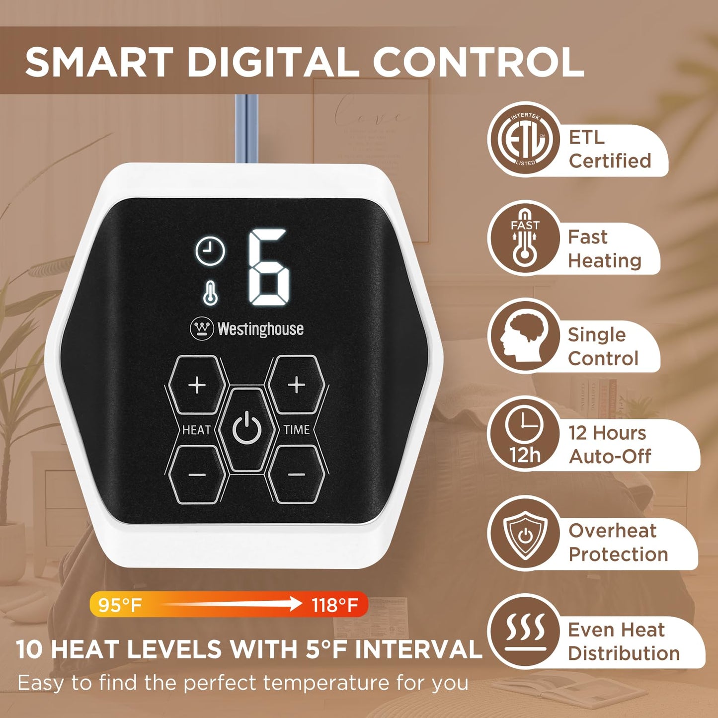 Westinghouse Heated Blanket Twin Size, Soft Flannel to Sherpa Electric Blanket with 10 Heating Levels, 1-12 Hours Auto Shut Off, Fast Heating, Machine Washable, 62x84 Inch, Beige