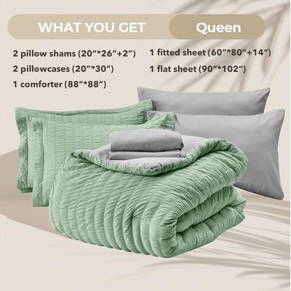 HYMOKEGE Queen Comforter Set - Luxury 7-Piece Bedding in Sage Green & Light Grey | All-Season Seersucker Design