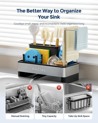 Nacial Kitchen Sink Caddy Organizer - Rustproof 304 Stainless Steel with Brush Holder & Towel Racks