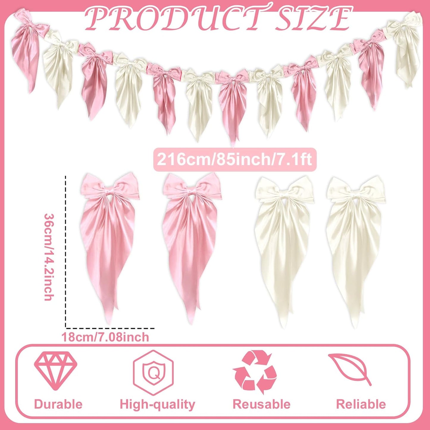 Skiennix White Pink Bow Garland Banner - Elegant Satin Ribbon Decor for Bridal Showers & Parties | 6ft