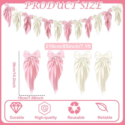 Skiennix White Pink Bow Garland Banner - Elegant Satin Ribbon Decor for Bridal Showers & Parties | 6ft
