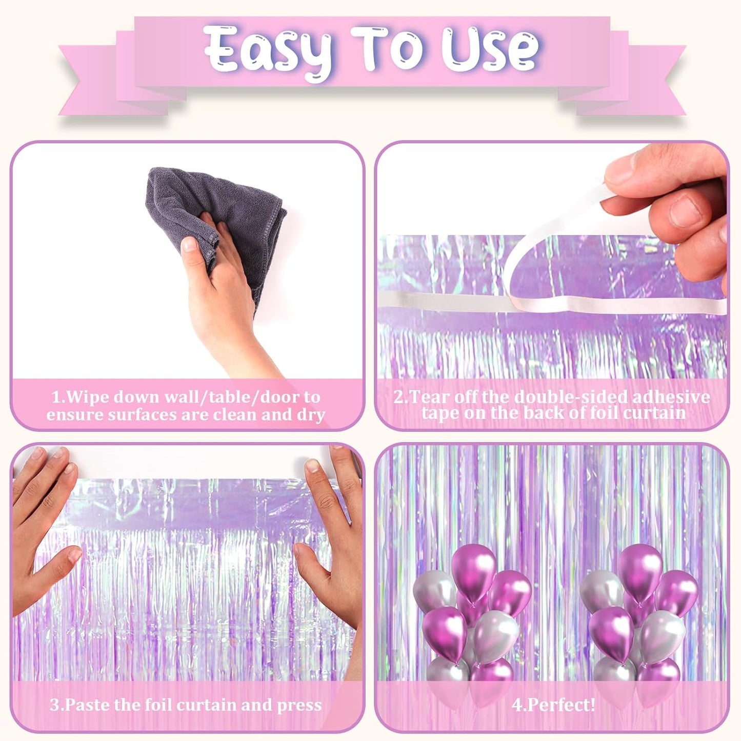 Voircoloria Iridescent Party Backdrop - 3 Pack Transparent Tinsel Foil Streamers | 3.3x8.2ft for Birthday & Weddings