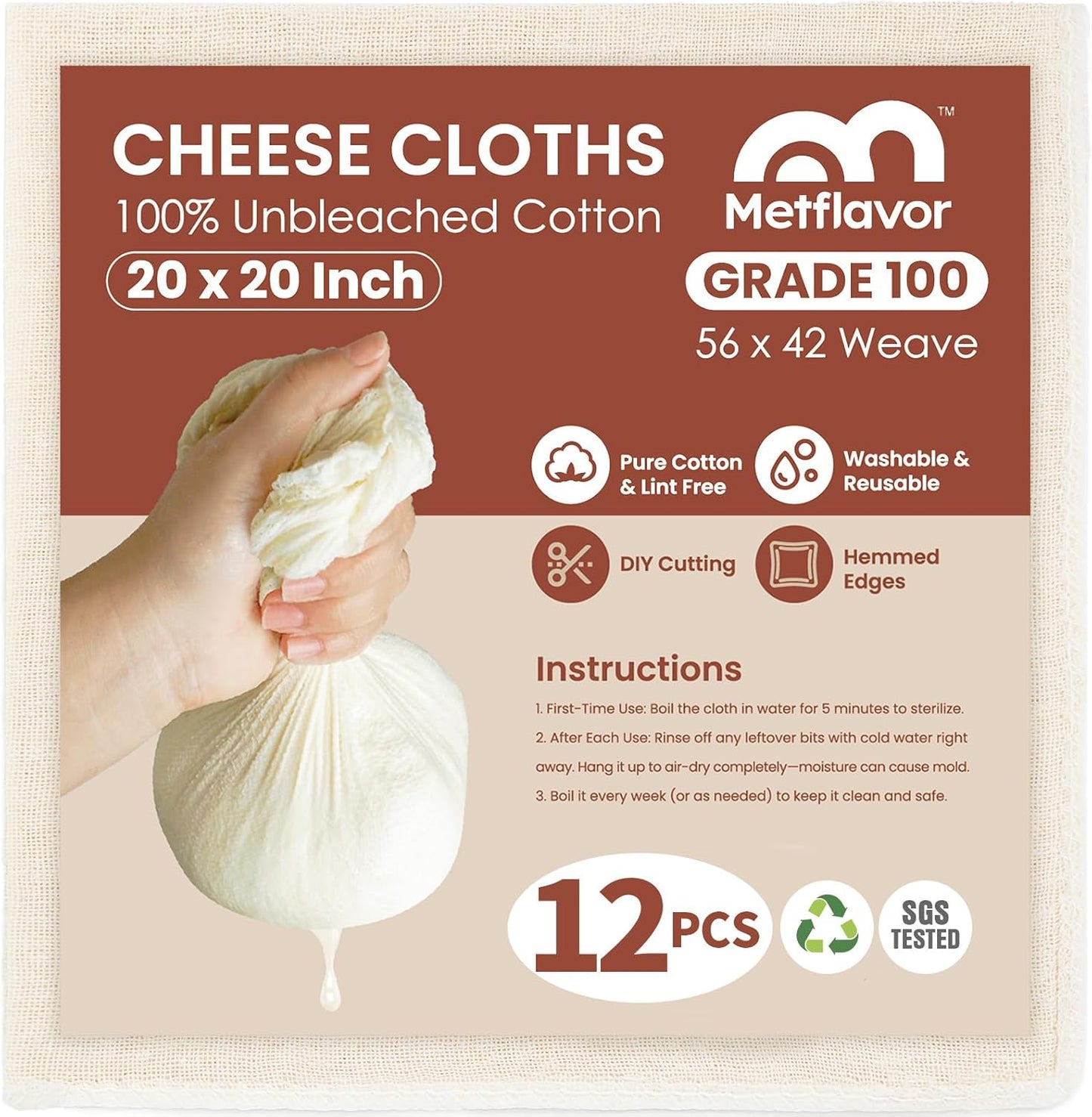 Skiennix 12Pcs Reusable Cheese Cloths - 20x20 Inch, 100% Unbleached Cotton for Straining & Baking