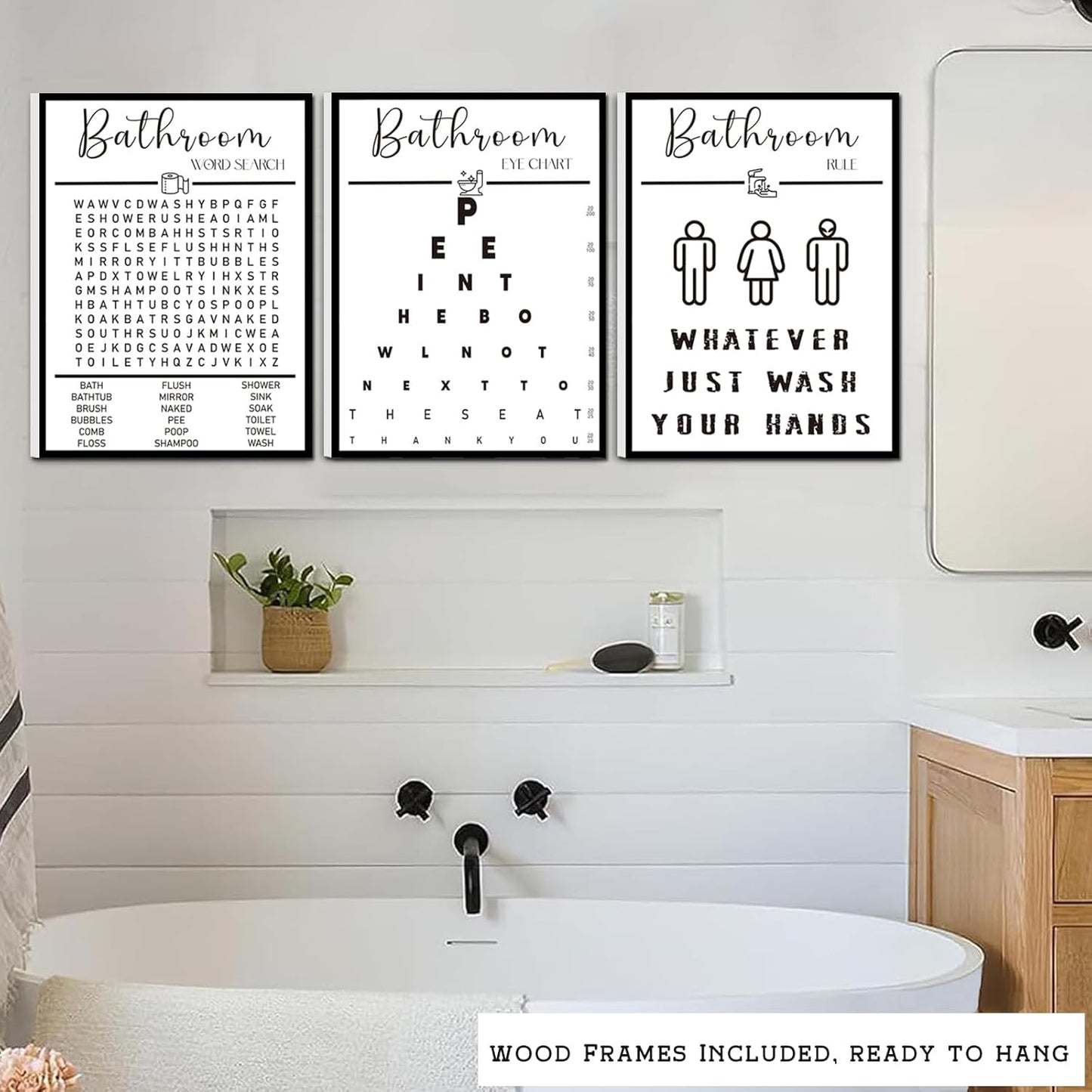 Skiennix Framed Bathroom Wall Art | Black and White Word Search Pee Eye Chart - Wash Your Hands (12x16 in, Set of 3)