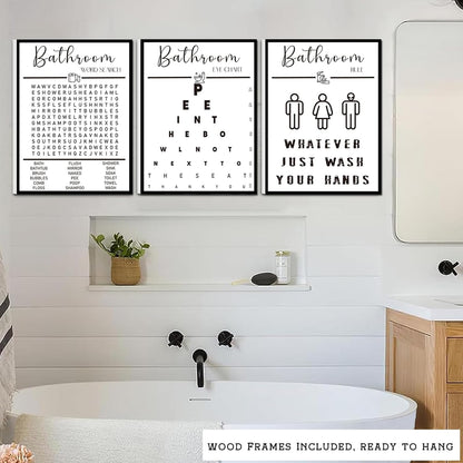 Skiennix Framed Bathroom Wall Art | Black and White Word Search Pee Eye Chart - Wash Your Hands (12x16 in, Set of 3)