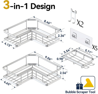 YASONIC Corner Shower Caddy Organizer - Rustproof Bath Shelves with Soap Holder & 4 Hooks | Large Capacity, Silver (3-Pack)