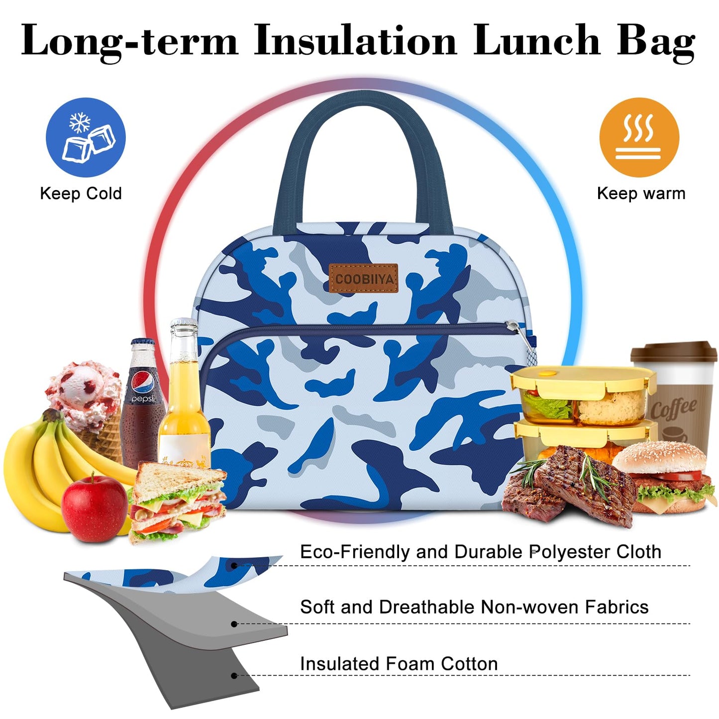 Coobiiya Lunch Bag Women, Lunch Box Lunch Bag for Women Adult Men, Small Leakproof Cute Lunch Tote Large Capacity Reusable Insulated Cooler Lunch Container for Work/Office/Picnic/Travel-Blue Camo