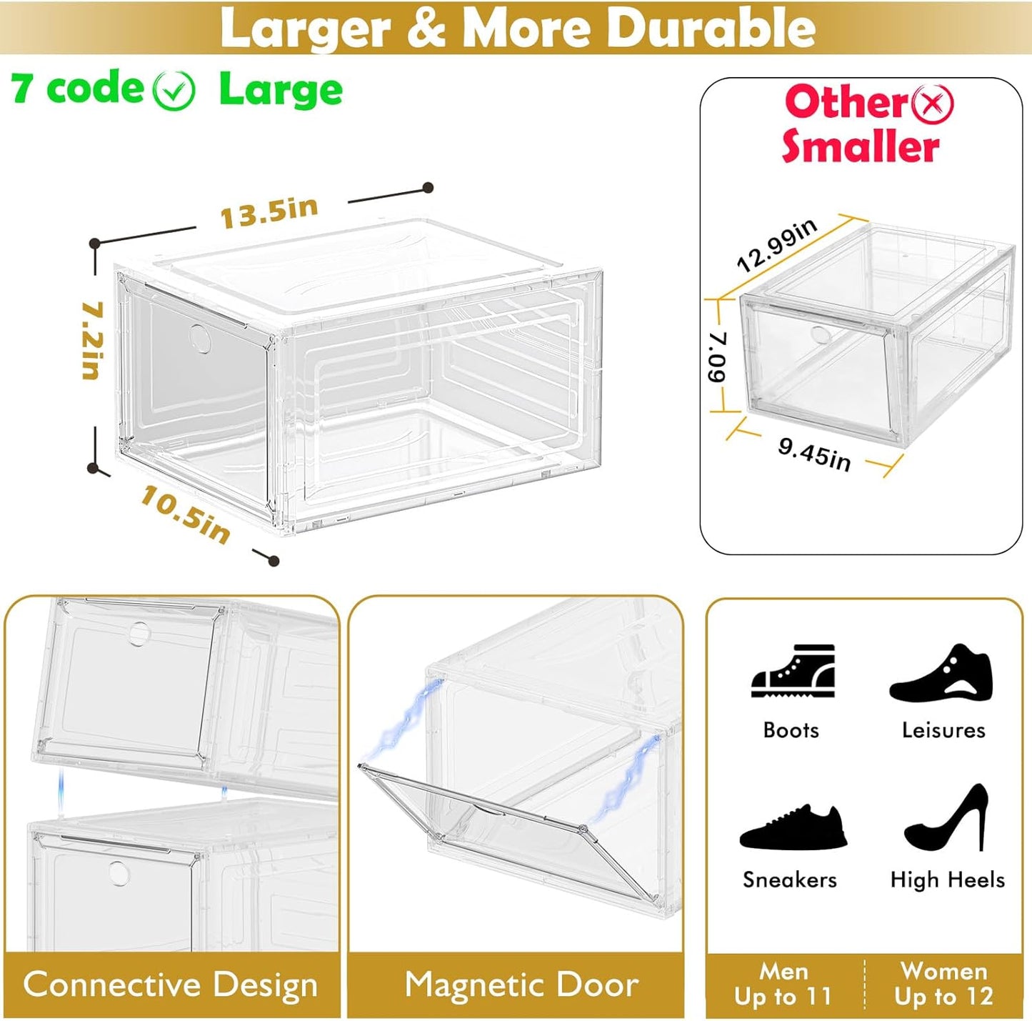 Skiennix Clear Shoe Storage Organizer - 12 Pack Stackable Plastic Boxes with Magnetic Door | Space-Saving White Design