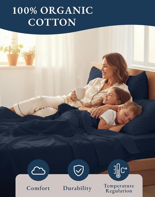 LANE LINEN Organic Cotton Bed Sheets - Eco-Friendly, Soft Percale Weave, Queen Size Set - Navy