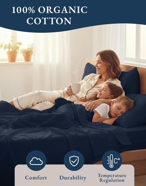LANE LINEN 100% Organic Cotton Sheets Twin Size, Mercerized Cotton Fully Elasticized Soft & Comfy Bedding Sheets & Pillowcase Set, Good for Dorm Room, Deep Pocket Fully Elasticized Sheet- Navy