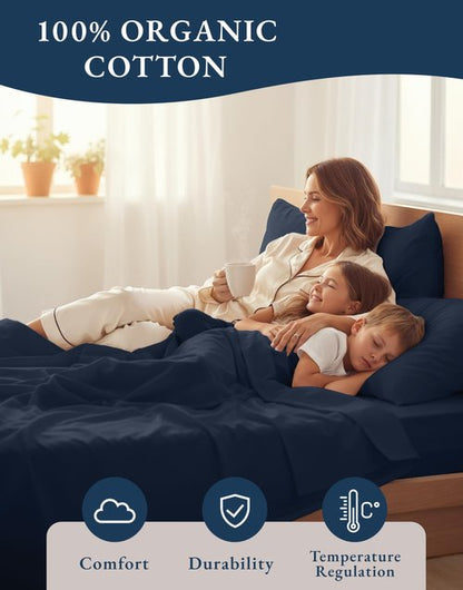 LANE LINEN 100% Organic Cotton Sheets Twin Size, Mercerized Cotton Fully Elasticized Soft & Comfy Bedding Sheets & Pillowcase Set, Good for Dorm Room, Deep Pocket Fully Elasticized Sheet- Navy