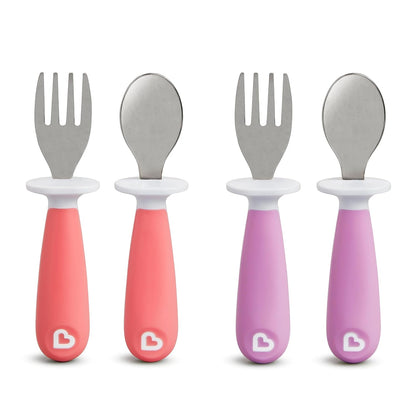 Munchkin® Raise™ Toddler Fork and Spoon Utensil Set - BPA Free, Rest Keeps Tips Off Table, 4 Pack, Pink/Purple
