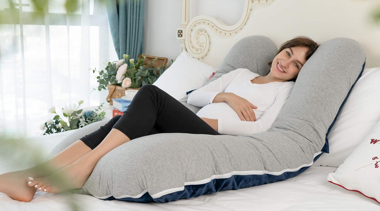 Meiz Pregnancy Pillow - Full Body Cooling Pillow with Reversible Jersey & Velvet Covers | Blue & Grey