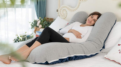 Meiz Pregnancy Pillow - Full Body Cooling Pillow with Reversible Jersey & Velvet Covers | Blue & Grey