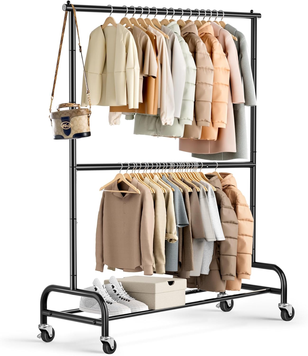MISSLO Heavy Duty Clothing Rack - Adjustable Double Rod Garment Rack on Wheels | Metal, Black