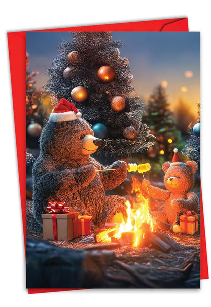 NobleWorks Camping Bears Christmas Card - Red Env, Campfire Merry C8726AXSG - Variation of THIS listing