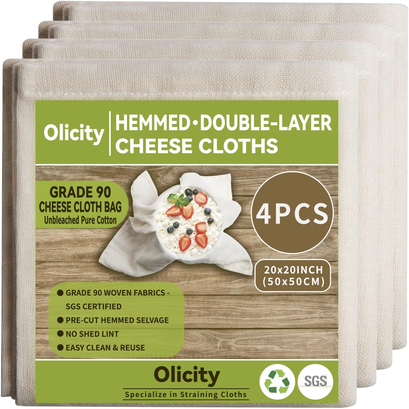 Olicity Cheese Cloths - 4PCS Double-Layer Reusable 20x20 Inch Unbleached Cotton Straining Bags