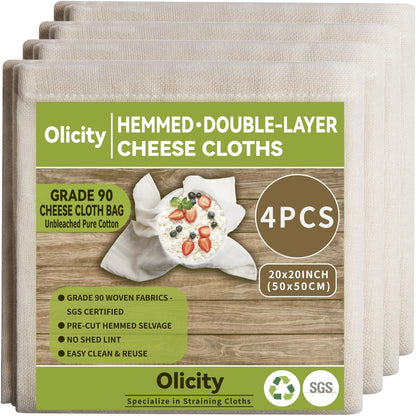 Olicity Cheese Cloths - 4PCS Double-Layer Reusable 20x20 Inch Unbleached Cotton Straining Bags