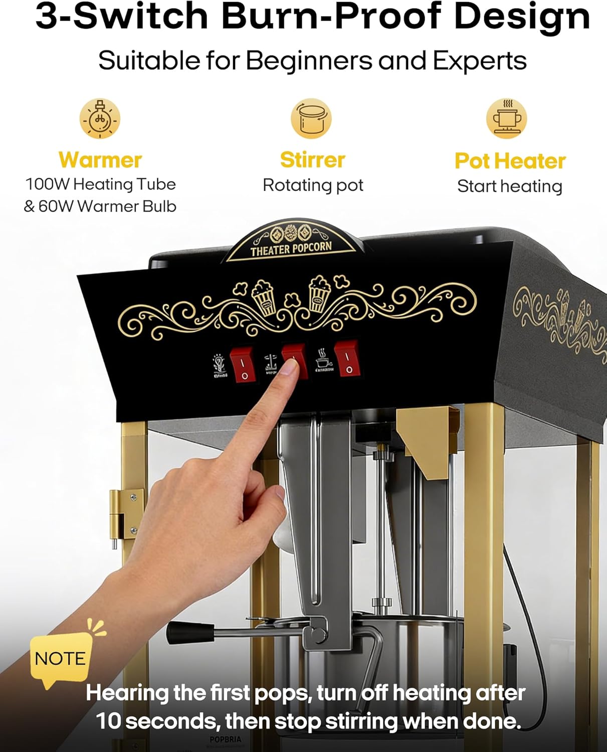 Skiennix 12oz Retro Popcorn Machine - Professional Movie Theater Style with Warming Deck | Black & Gold