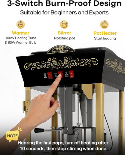 Skiennix 12oz Retro Popcorn Machine - Professional Movie Theater Style with Warming Deck | Black & Gold