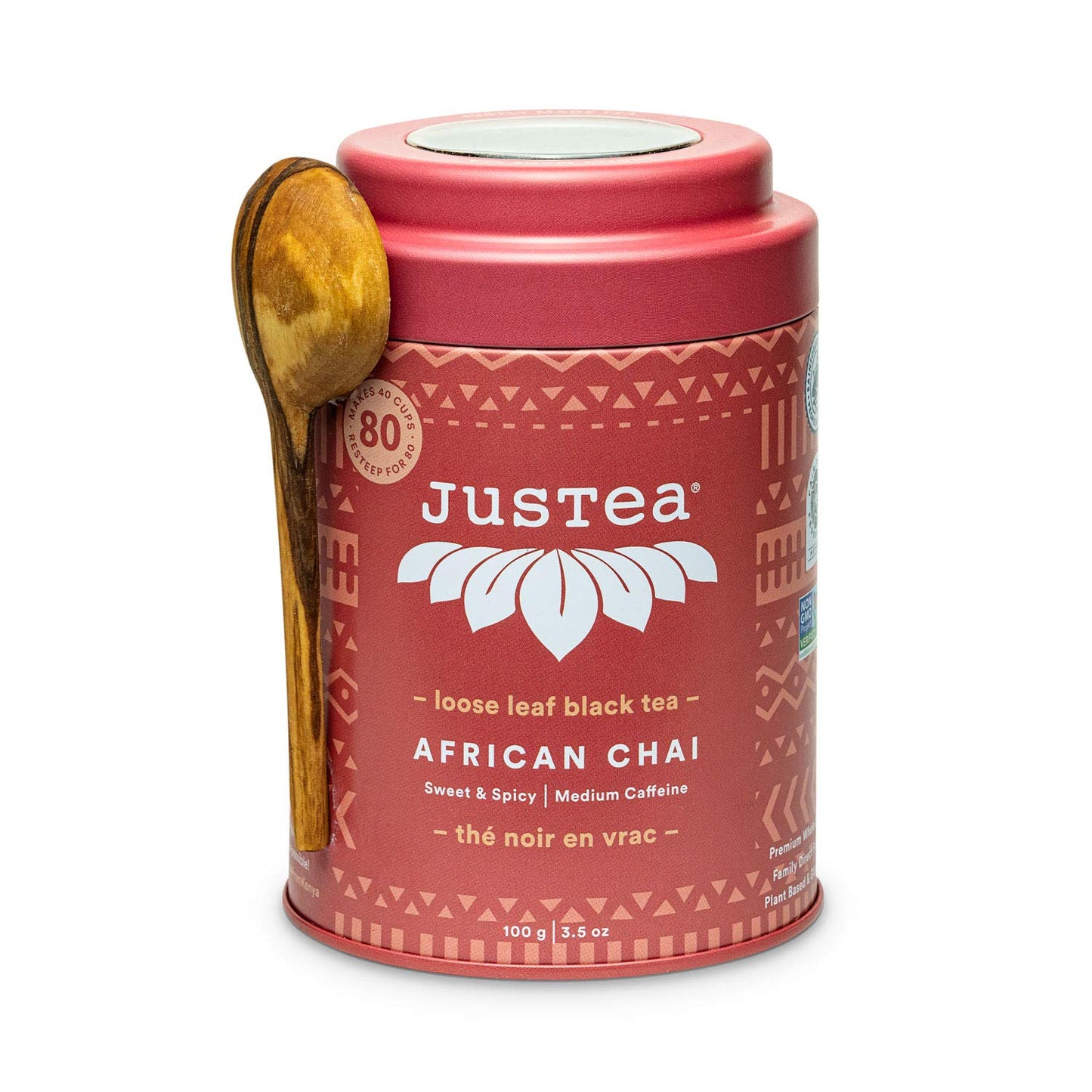 JusTea AFRICAN CHAI | Loose Leaf Black Tea | Tin with Hand Carved Tea Spoon | 40+ Cups (3.5oz) | Medium Caffeine | Award-Winning | Fair Trade | Non-GMO