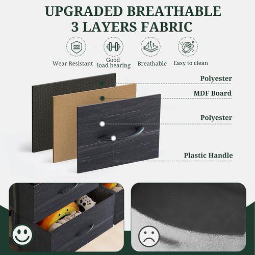 9-Drawer Dresser for Bedroom, Anti-Tip Tall Storage Organizer Chest of Drawers with Wooden Top and Metal Frame Fabric Bins for Closet, Living Room, Hallway, Entryway, Charcoal Black