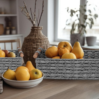 Skiennix Small Wicker Storage Basket - Decorative Organizing Bin with Handle | Light Grey