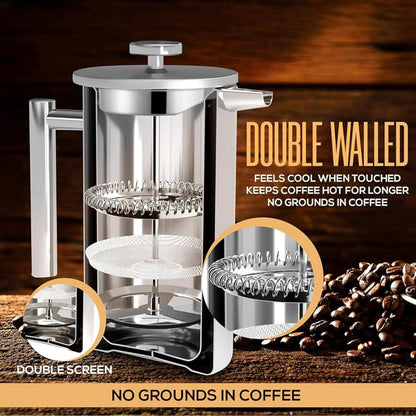 Skiennix French Press Coffee Maker - Stainless Steel Double Wall Insulated 34 oz | Portable Hot & Cold Brew Teapot for Kitchen & Camping
