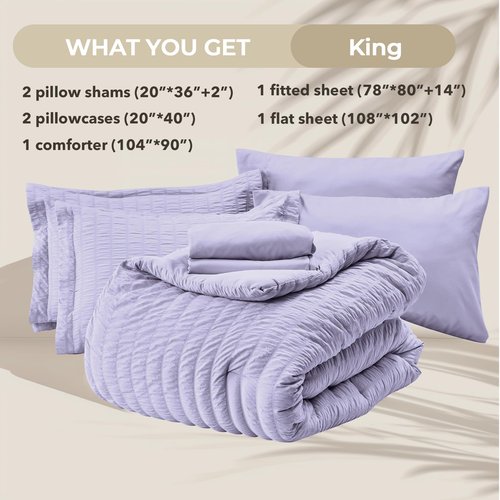 HYMOKEGE Light Purple King Size Comforter Set Seersucker 7 Pieces, All Season Luxury Bed in a Bag for Bedroom, Bedding Set with Comforter, Sheets, Pillowcases & Shams