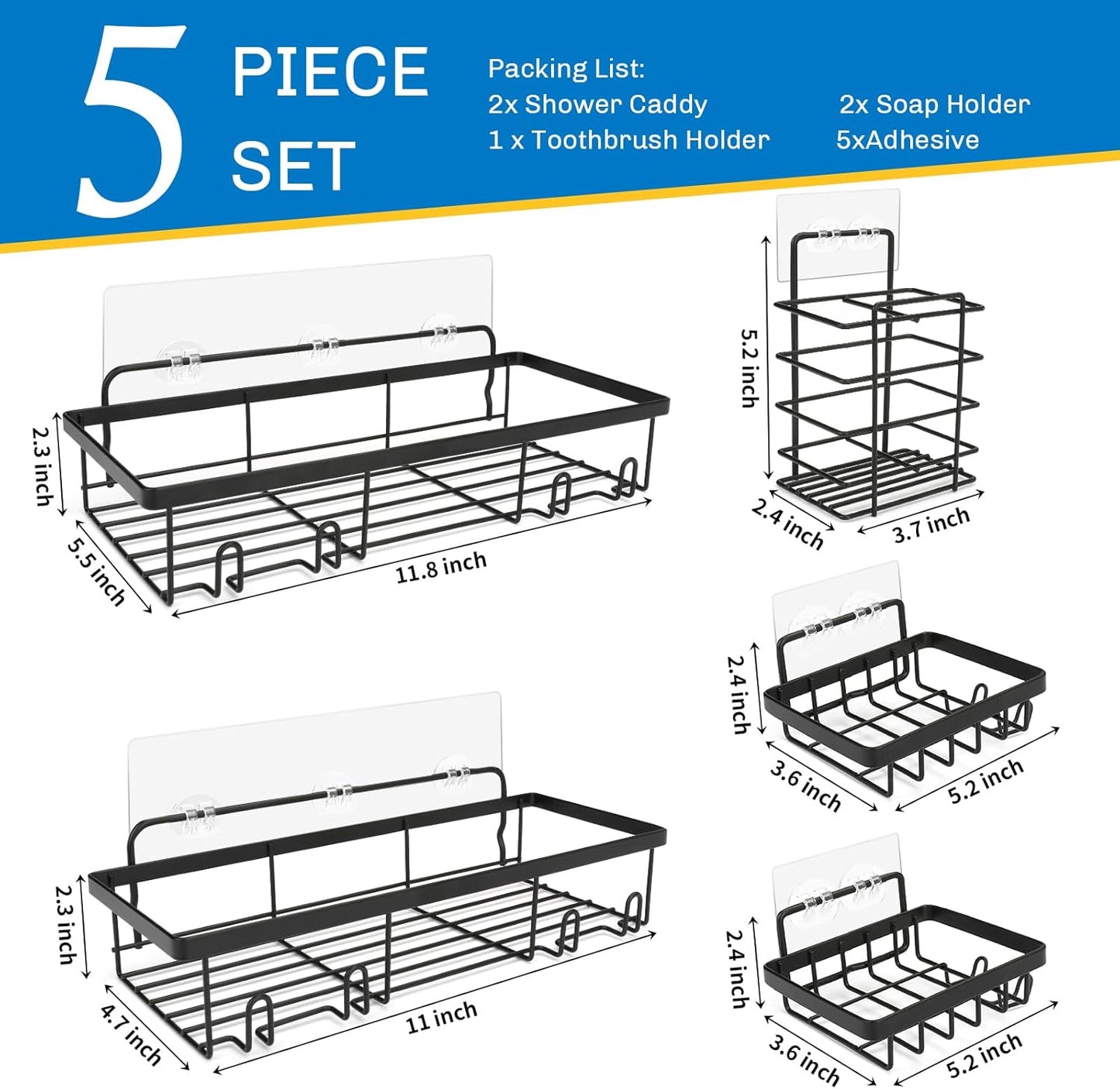 Skiennix Shower Caddy - 5 Pack Adhesive Organizer for Bathroom & Kitchen Storage | Rustproof Stainless Steel