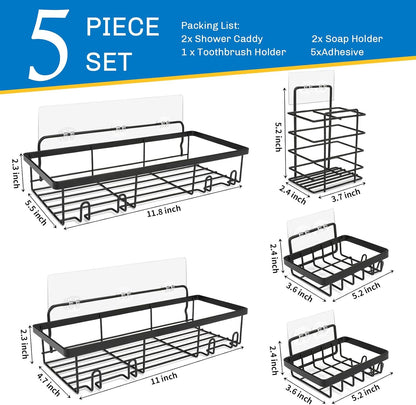 Skiennix Shower Caddy - 5 Pack Adhesive Organizer for Bathroom & Kitchen Storage | Rustproof Stainless Steel