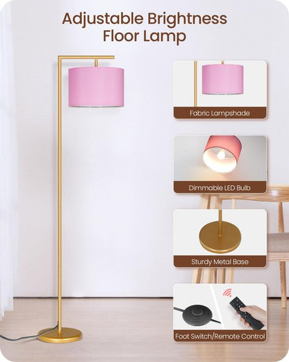 GOEBLESON Modern Gold Arc Floor Lamp, Corner Tall Lamp with Remote, Arched Reading Light with Fabric Shade, Floor Lighting for Living Room, Bedroom, Office, Study, Pink, LED Bulb Included, DP11LD05