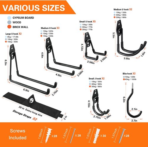 HUPBIPY Heavy Duty Garage Hooks - 18 Pack Steel Wall Mount Organizer for Tools, Ladders & Bikes