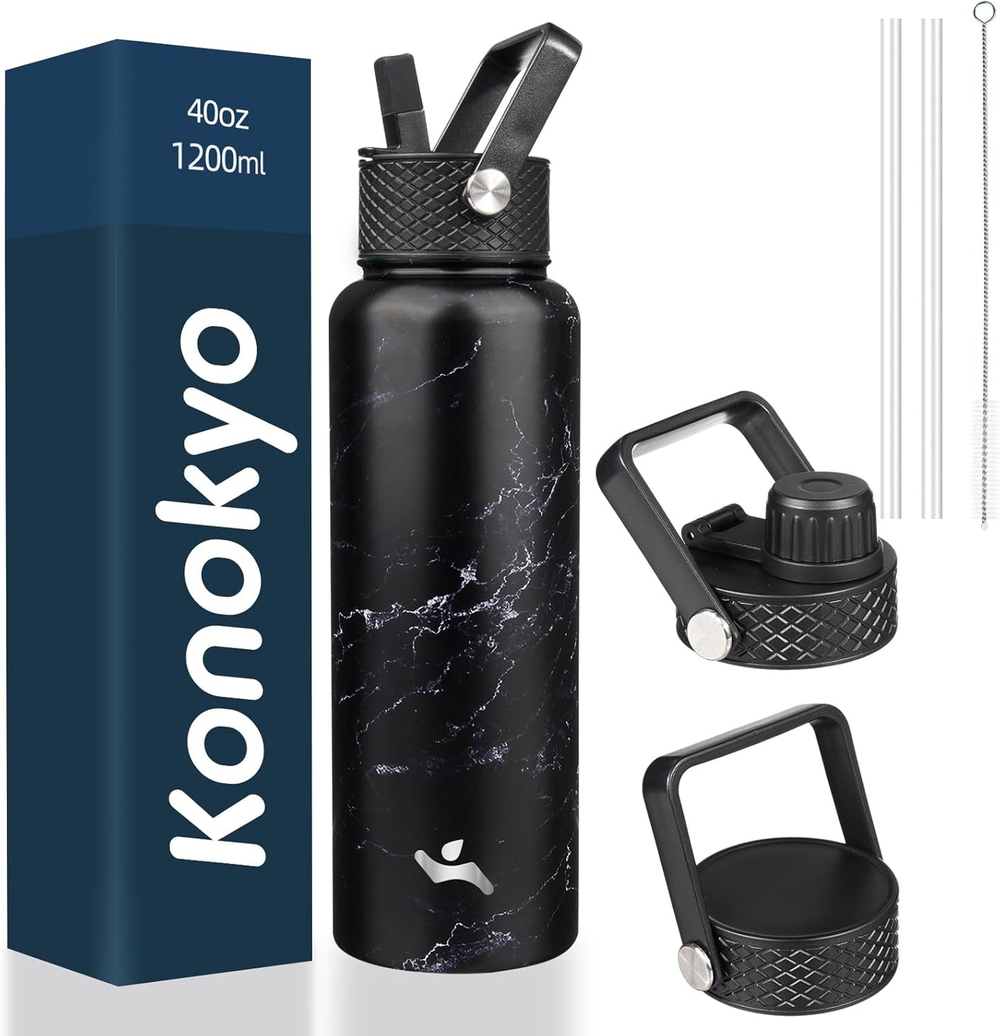 Skiennix 40oz Insulated Stainless Steel Water Bottle - Marble Midnight | 3 Lids Included