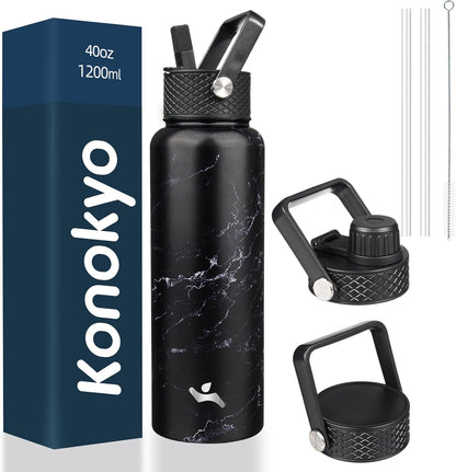 Skiennix 40oz Insulated Stainless Steel Water Bottle - Marble Midnight | 3 Lids Included