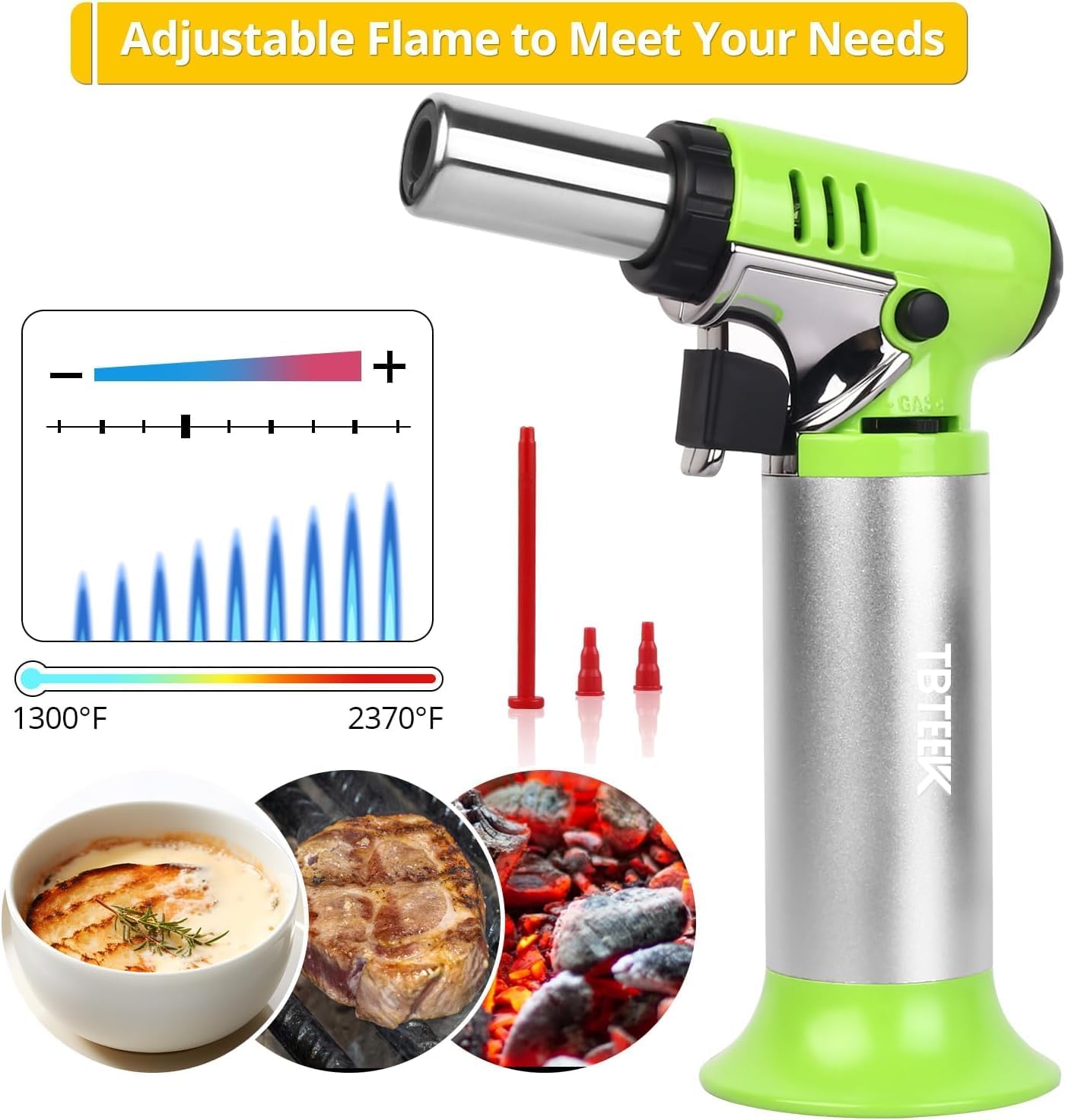 TBTeek Butane Torch - One-Hand Operation Kitchen Torch with Adjustable Flame for Grilling & Baking - Green