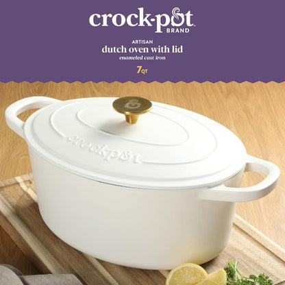 Crock Pot Artisan 7-Quart Oval Dutch Oven - Enameled Cast Iron in Linen White with Gold Knob | Heavy-Duty Cookware for Baking & Roasting