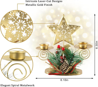 Christmas Candle Holders - Metal Table Centerpiece with Artificial Berries & Pine Cones | Festive Decor